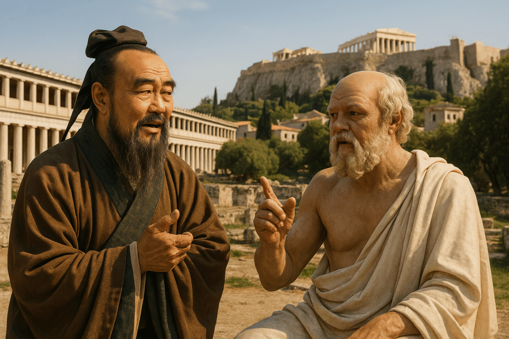 Ο Κομφούκιος και ο Σωκράτης συνομιλούν στην αρχαία αγορά της Αθήνας.. | Της Μαρίας Σκαμπαρδώνη. Confucius and socrat