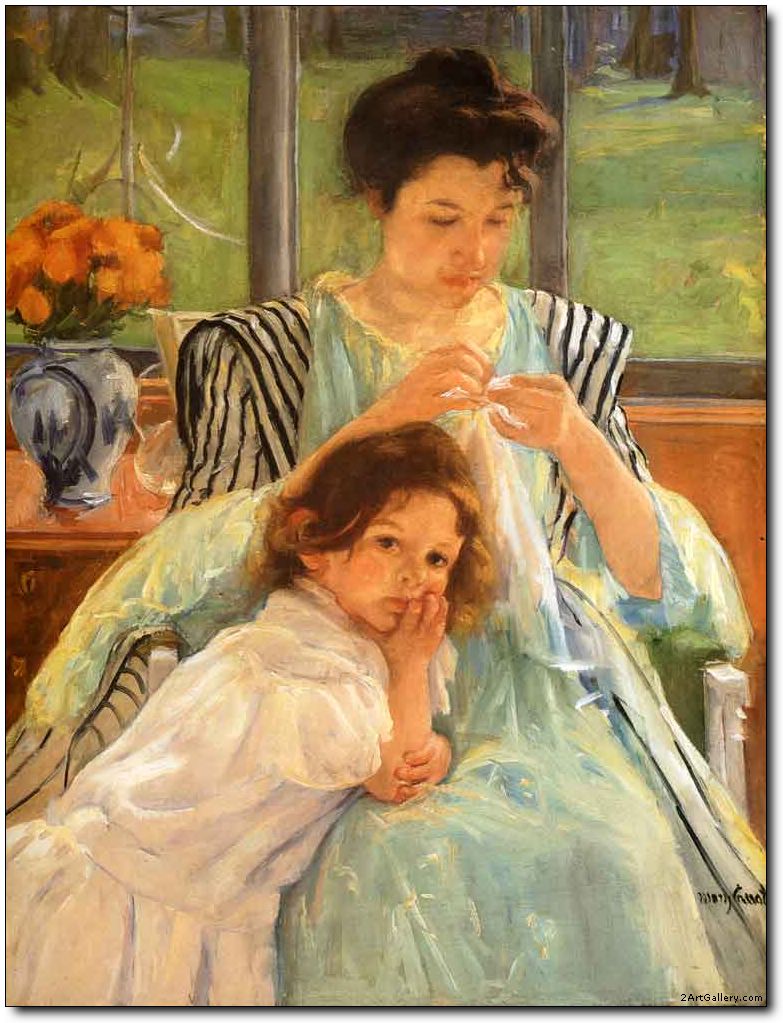 Young mother sewing